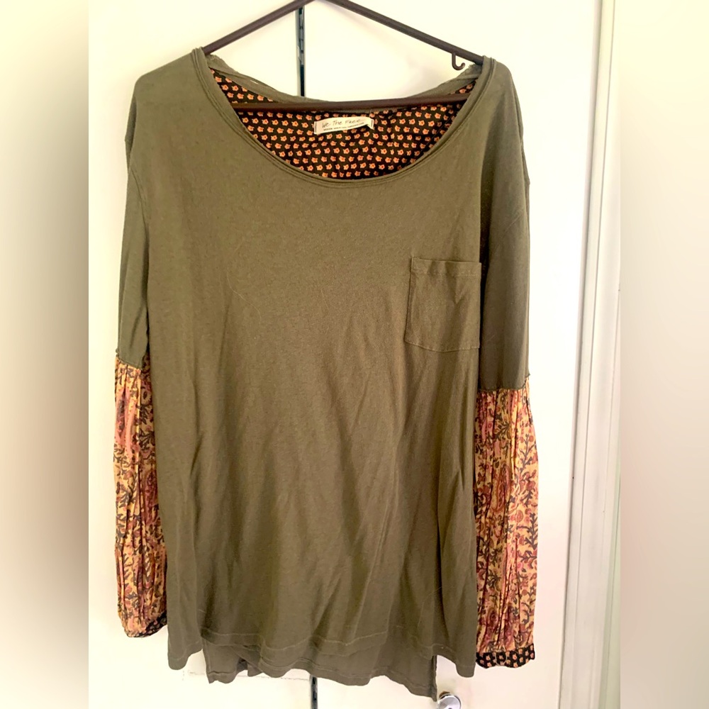 We The Free Olive Green Long Sleeve Mixed-Print Top